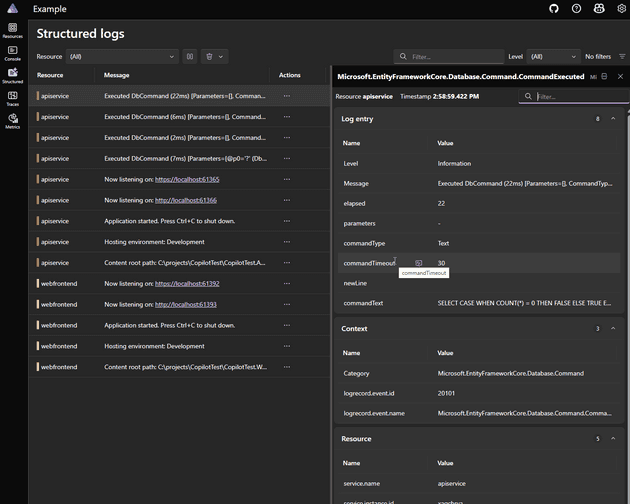 A view of the structured logs from the Aspire dashboard application