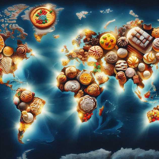 World map with various pastries and fruits on display