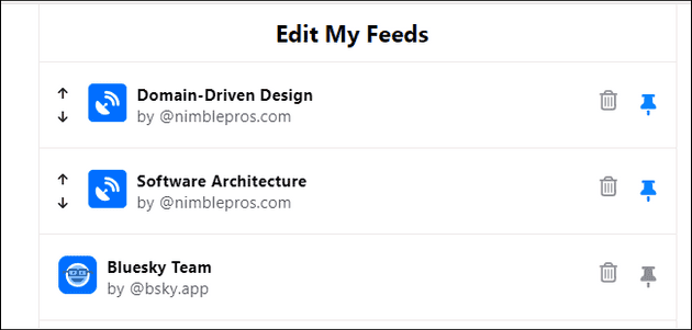 Edit My Feeds, with 2 pinned feeds and a non-pinned feed. The pinned feeds show arrows going up and down for ordering.