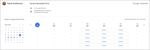 Sarah's Bookable Time - showing availability