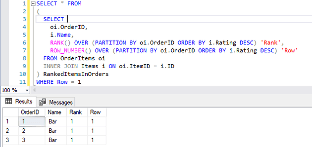 Screenshot: Using partitioning to get all the highest-rated Items for all Orders at once