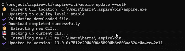Aspire CLI can update itself starting in version 13