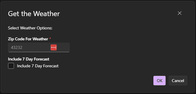 Aspire inputs dialog box